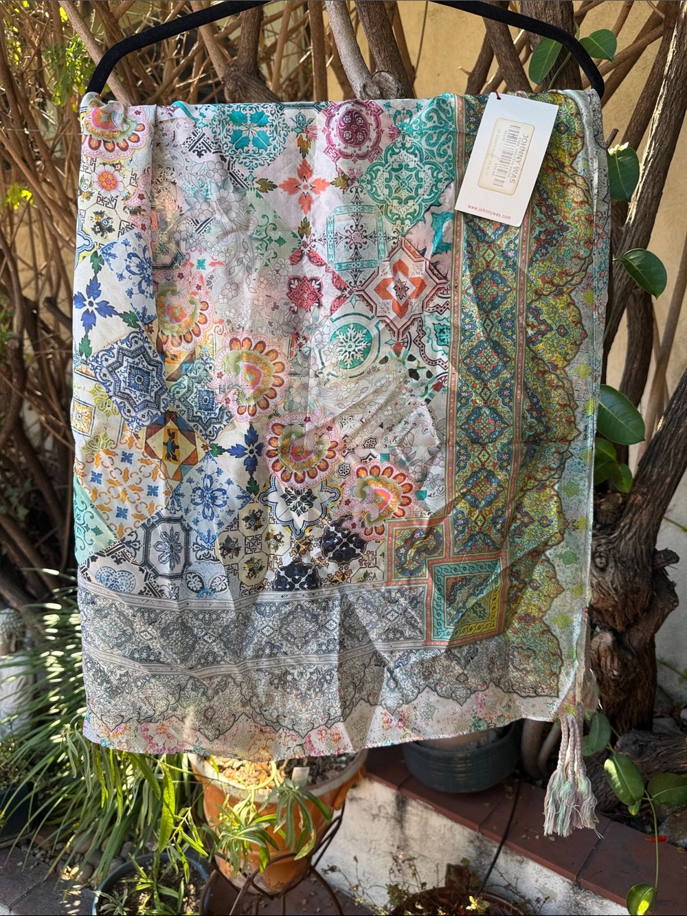 Johnny Was Multicolor Mosaic Floral Scarf - Teal, Pink, Orange
